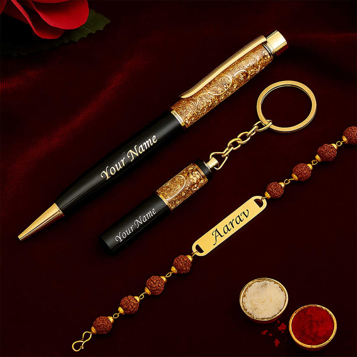 Personalized Handmade Religious Rudraksh Rakhi Hamper Includes 1 Rakhi 1 Keychain And 1 Pen - Name Personalization Example