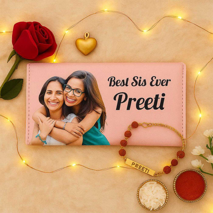 Photo Personalized Handmade Religious Rudraksh Rakhi Hamper Includes 1 Rakhi And 1 Wallet - Personalized Wallet Front View