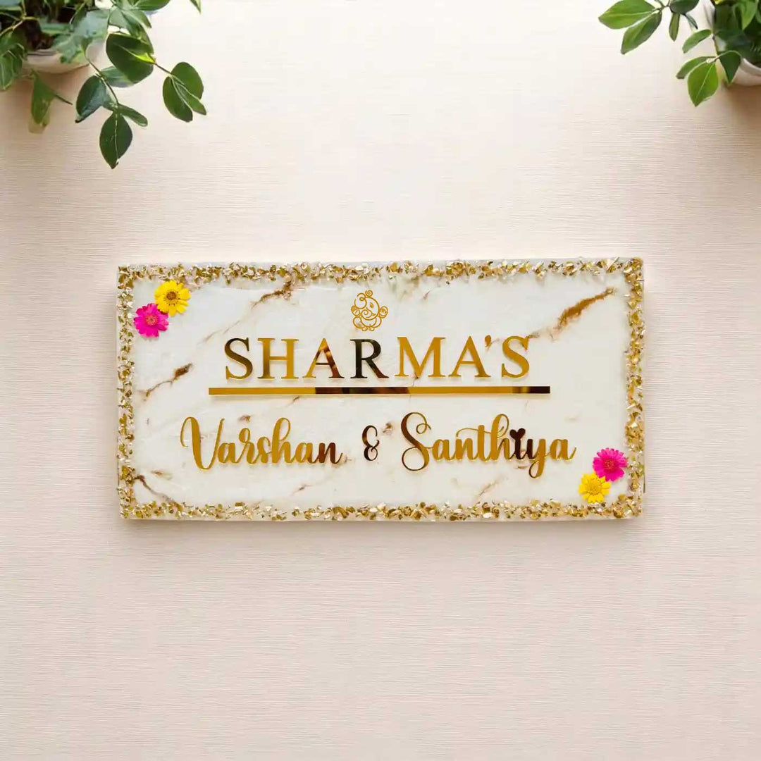 Personalized White & Gold Ganesha Theme Resin Name Plate