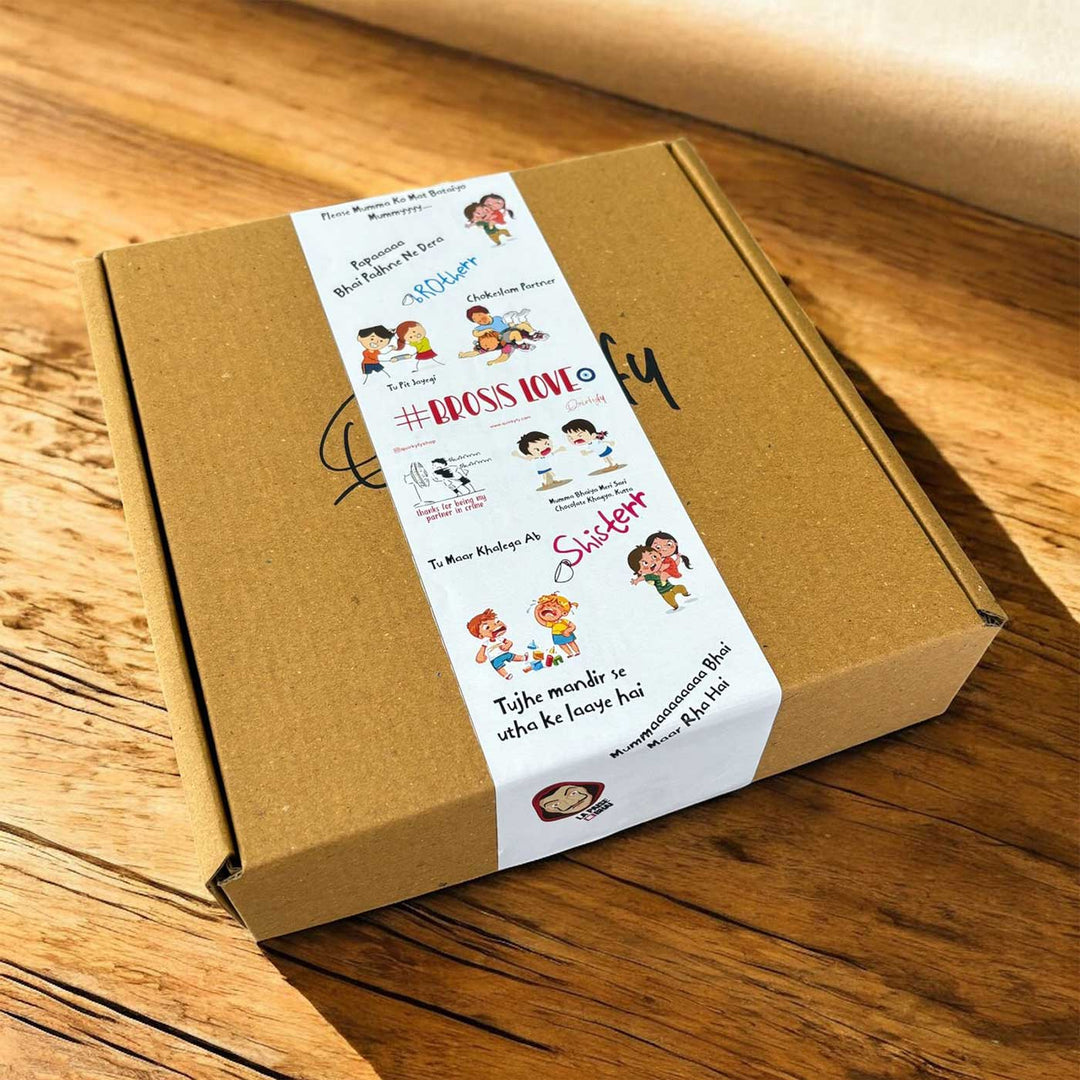 Photo Personalized Cute Rakhi Hamper For Brother Includes 1 Rakhi 1 Keychain And 1 Fridge Magnet - Product Packaging Front View