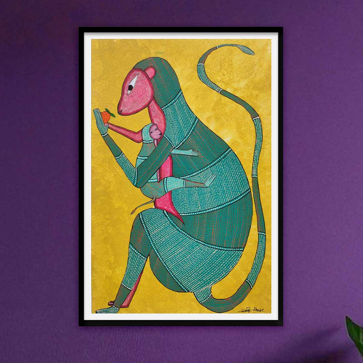 11 x 16 Inch | Mother’s Embrace Monkey & Baby | Original Hand Painted Tribal Gond Art Painting | Acrylic Paints On Paper