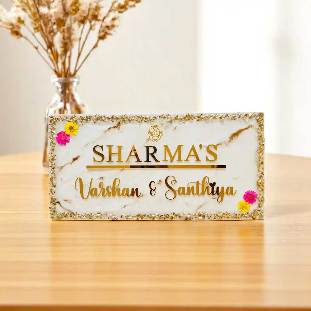 Personalized White & Gold Ganesha Theme Resin Name Plate