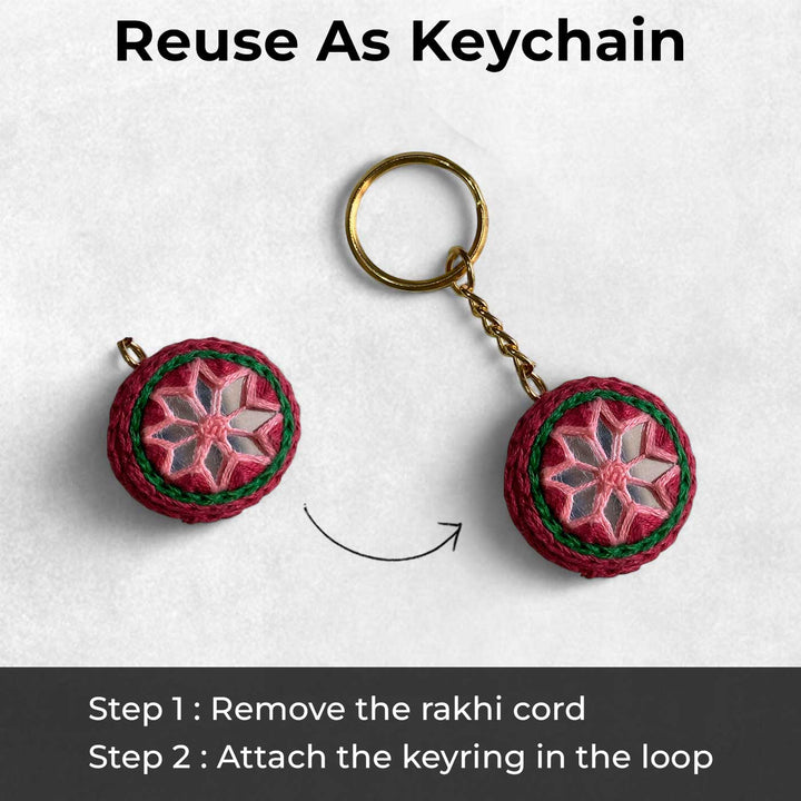 Customized Handmade Mirror Work Cotton Bhaiya Bhabhi Rakhi With Roli Chawal - Transformation to Keychain Demonstration