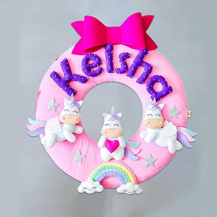 Hand Stitched Unicorn Themed Felt Name Hanging For Girls - Front View with Name Personalization