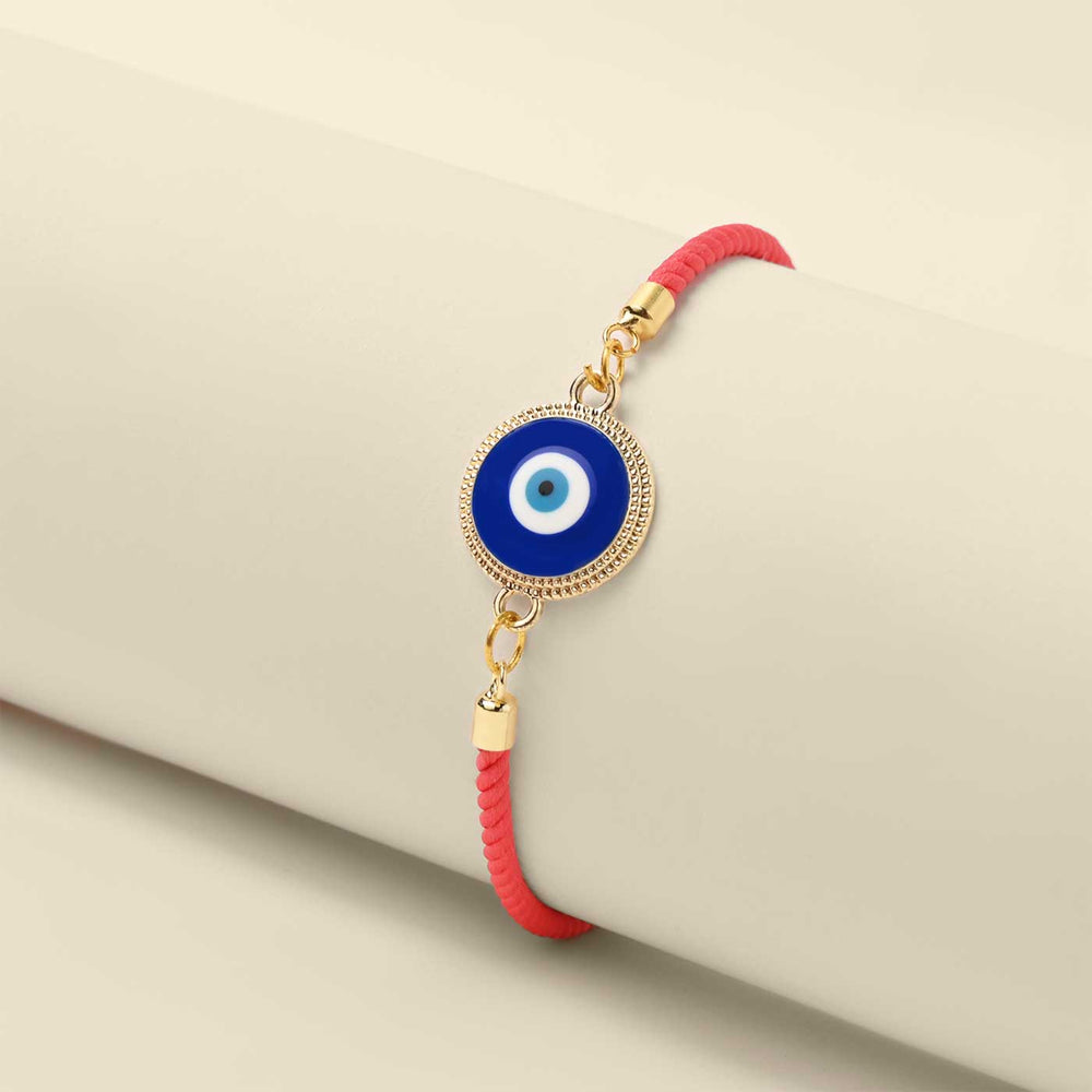 Handmade Bold Evil Eye Design Metal Rakhi - Angled view of full bracelet