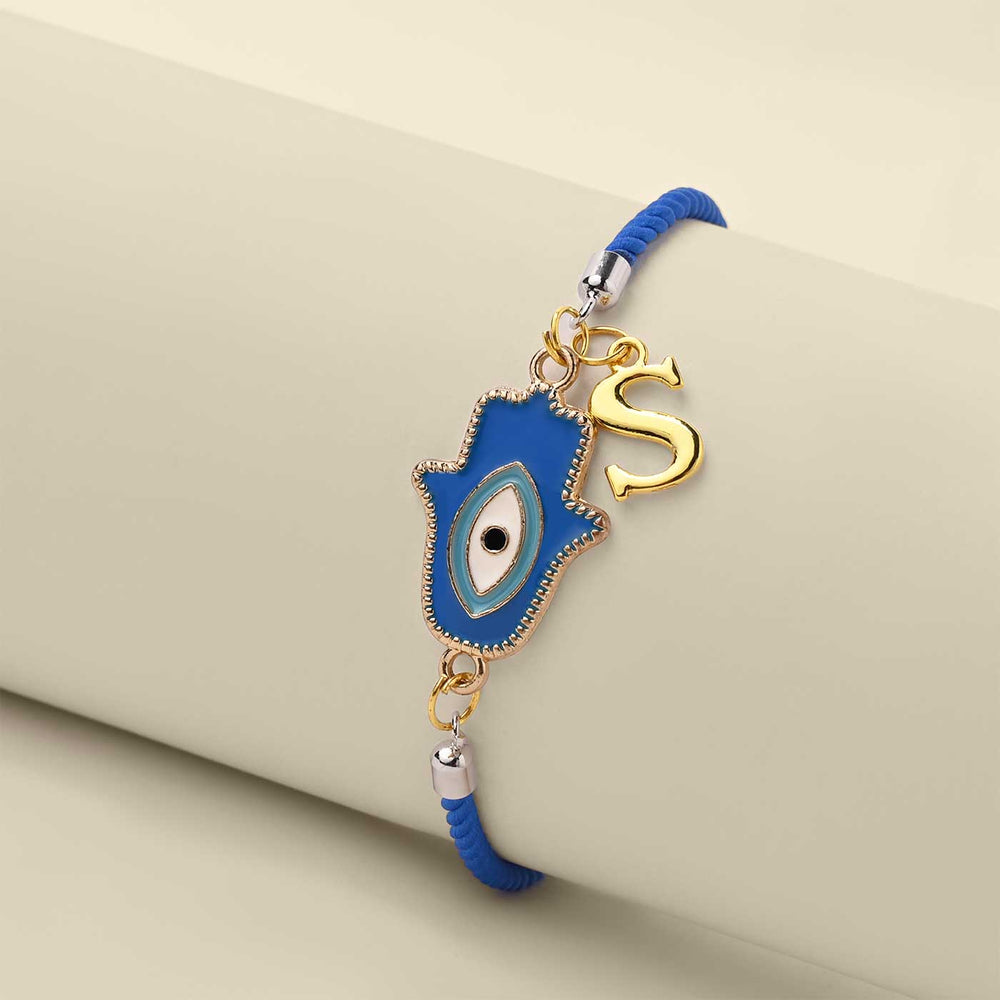 Personalized Handmade Hamsa Hand Design Monogram Metal Rakhi - Full Bracelet View