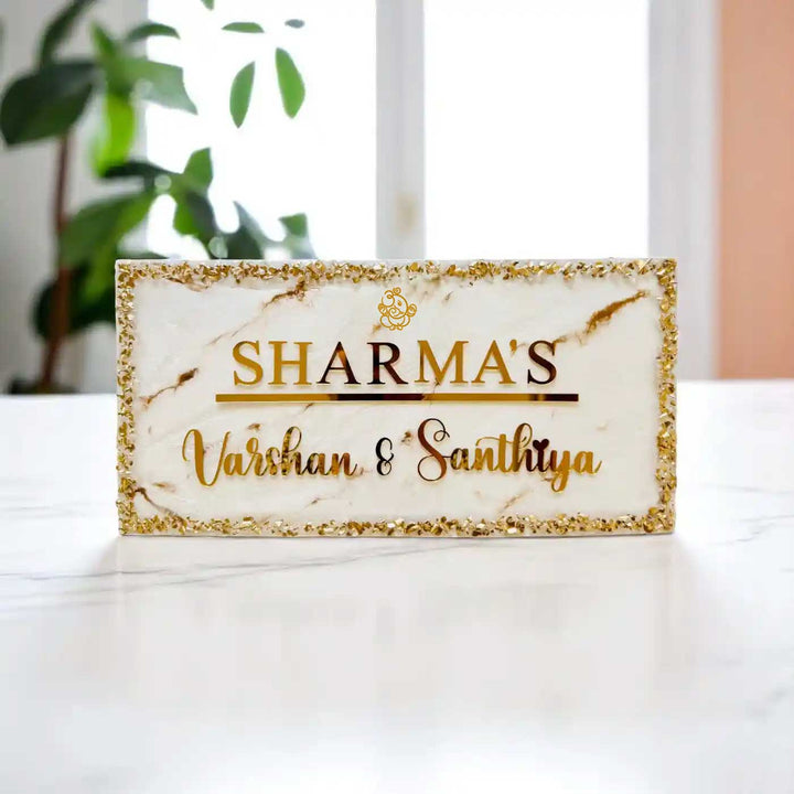 Personalized White & Gold Ganesha Theme Resin Name Plate