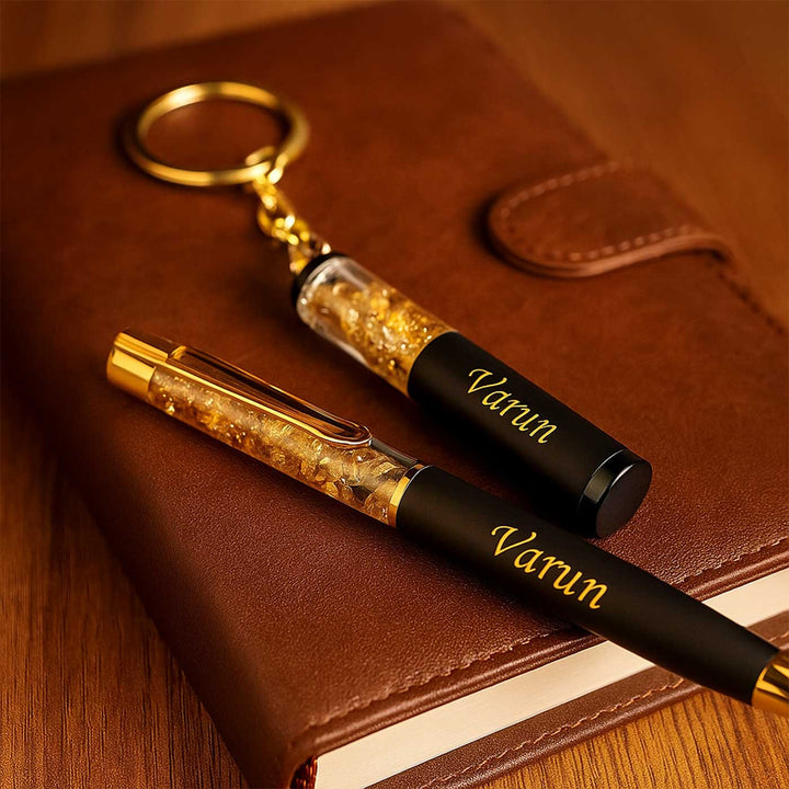 Personalized Handmade Religious Rudraksh Rakhi Hamper Includes 1 Rakhi 1 Keychain And 1 Pen - Lifestyle Close-up on Surface