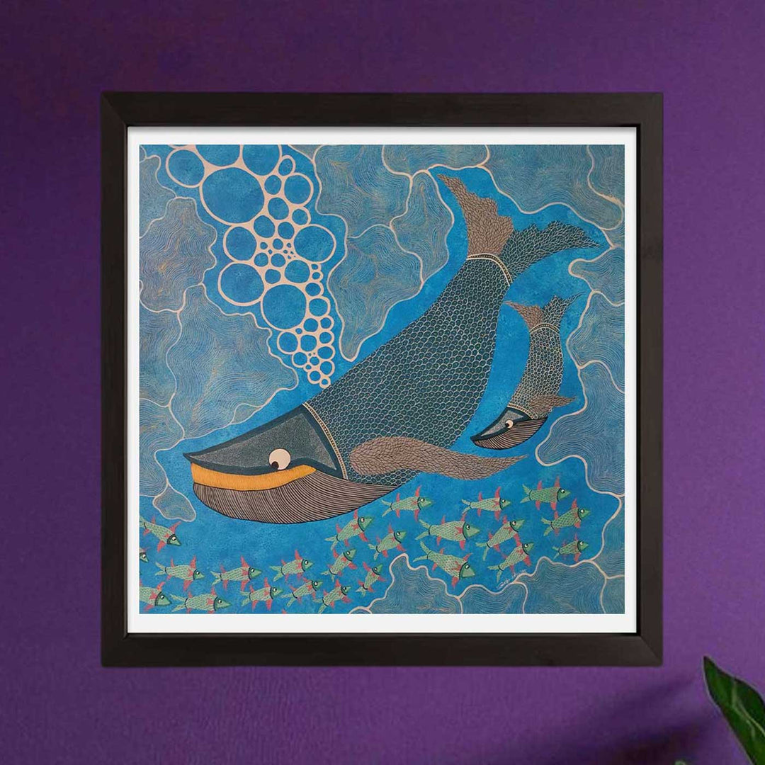 36 x 36 Inch | Mother & Calf Whale Deep Sea Bond | Original Hand Painted Tribal Gond Art Painting | Acrylic Paints On Canvas