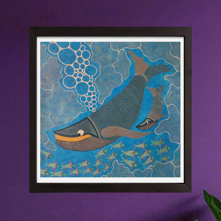36 x 36 Inch | Mother & Calf Whale Deep Sea Bond | Original Hand Painted Tribal Gond Art Painting | Acrylic Paints On Canvas