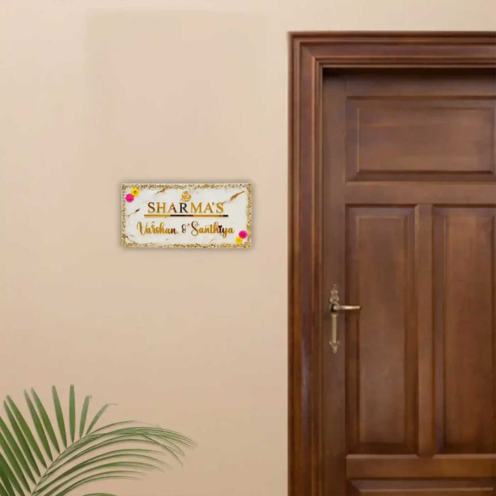 Personalized White & Gold Ganesha Theme Resin Name Plate