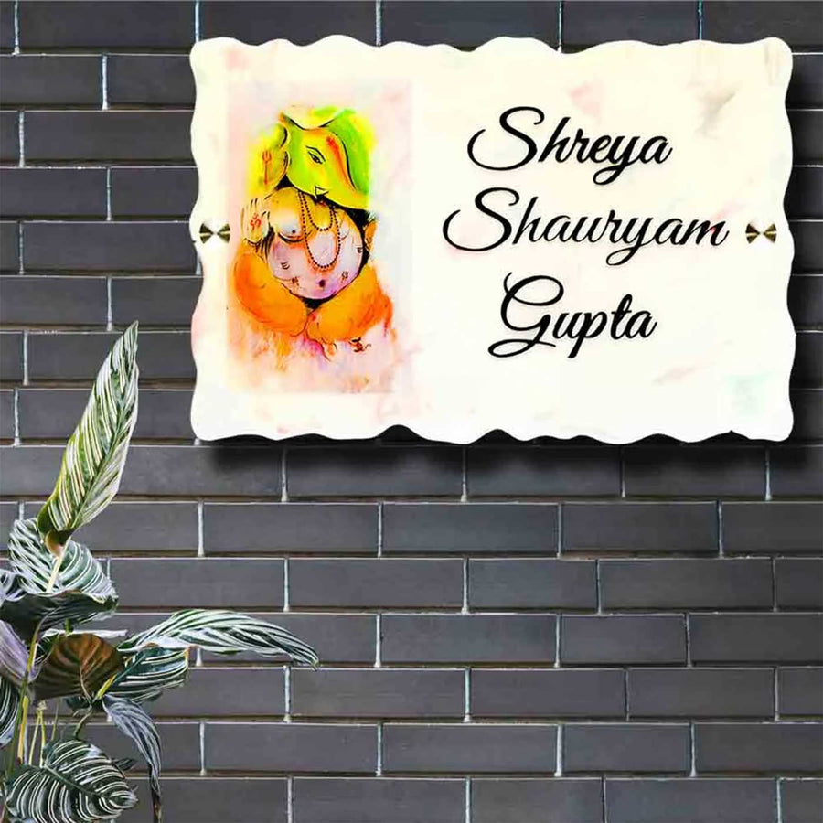 Personalized Handmade Ganesha Art Resin Name Plate 1 - Mounted on Wall with Plant