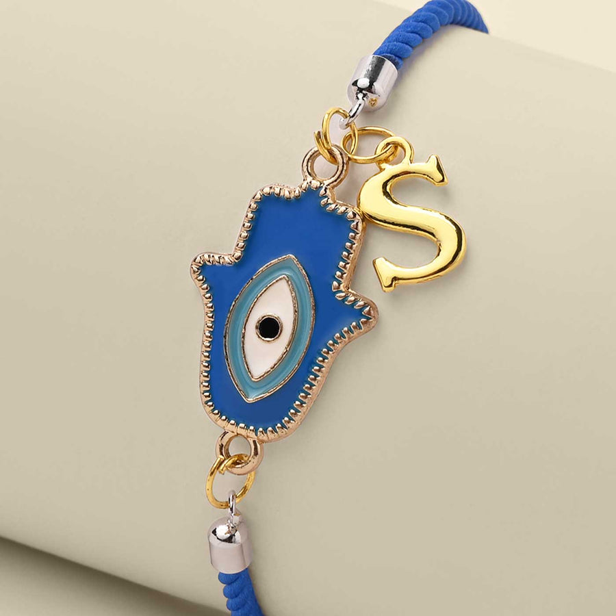 Personalized Handmade Hamsa Hand Design Monogram Metal Rakhi - Close-up of Pendant Detail