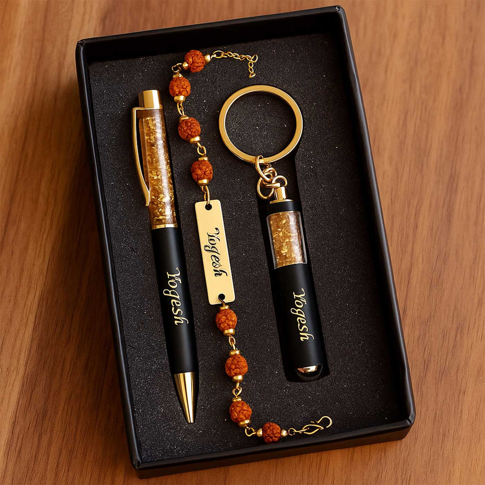 Personalized Handmade Religious Rudraksh Rakhi Hamper Includes 1 Rakhi 1 Keychain And 1 Pen - Gift Box Packaging Display