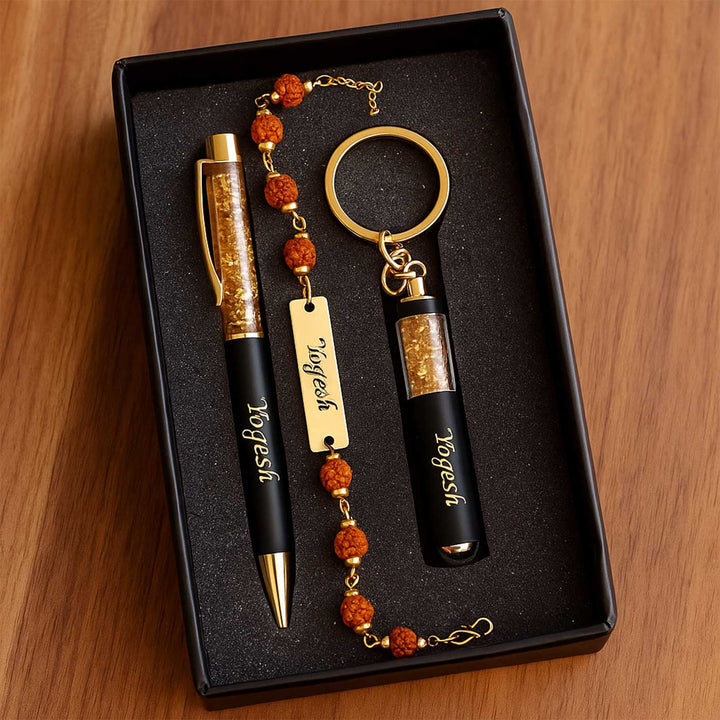Personalized Handmade Religious Rudraksh Rakhi Hamper Includes 1 Rakhi 1 Keychain And 1 Pen - Gift Box Packaging Display