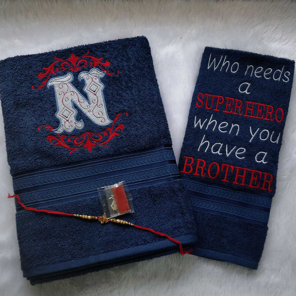 Personalized Embroidered Blue Cotton Towel Rakhi Hamper With Roli Chawal For Brother Includes 1 Hand Towel 1 Bath Towel And 1 Rakhi - Embroidered Towel Set with Rakhi