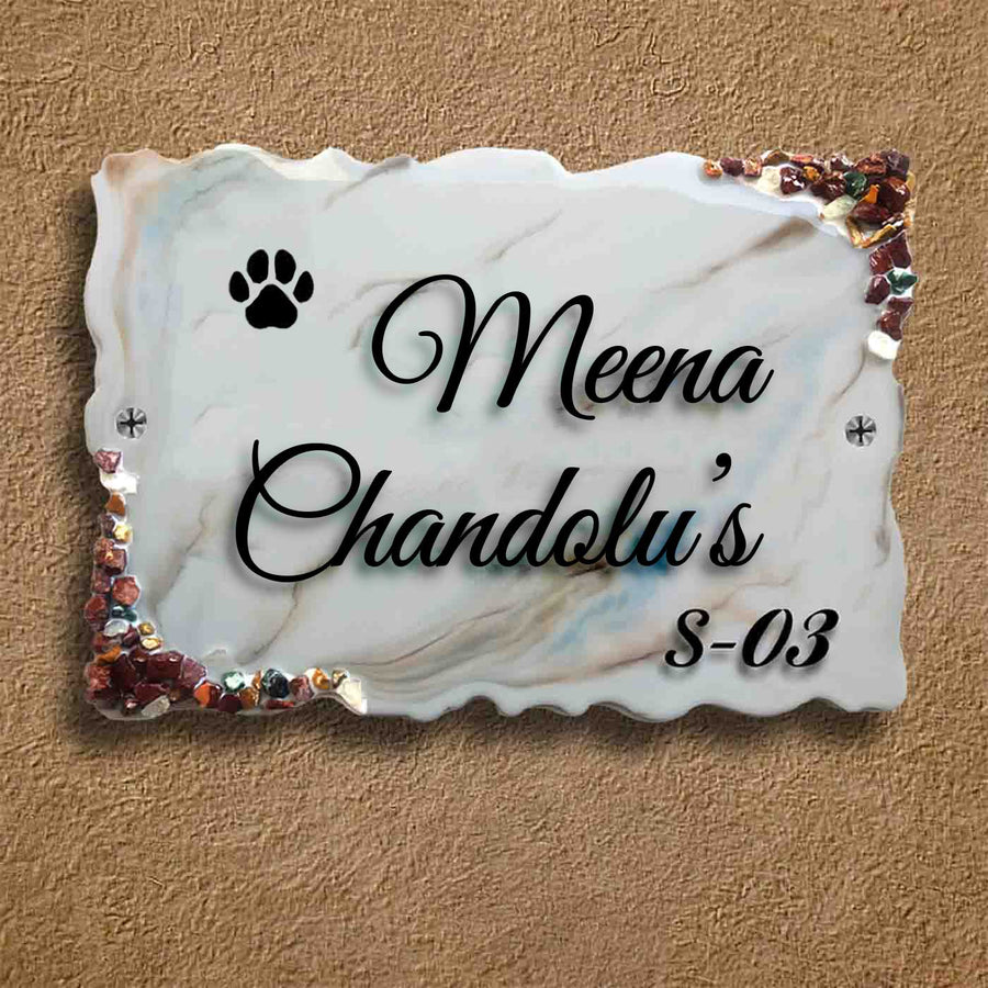 Personalized Handmade Pet Paws Resin Name Plate - Mounted on Wall Close-up View
