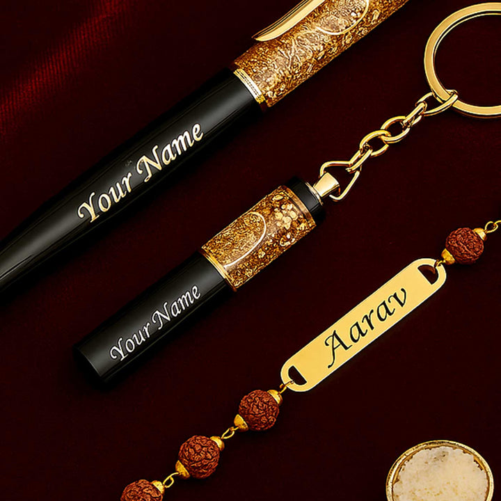 Personalized Handmade Religious Rudraksh Rakhi Hamper Includes 1 Rakhi 1 Keychain And 1 Pen - Close-up on Name Engraving