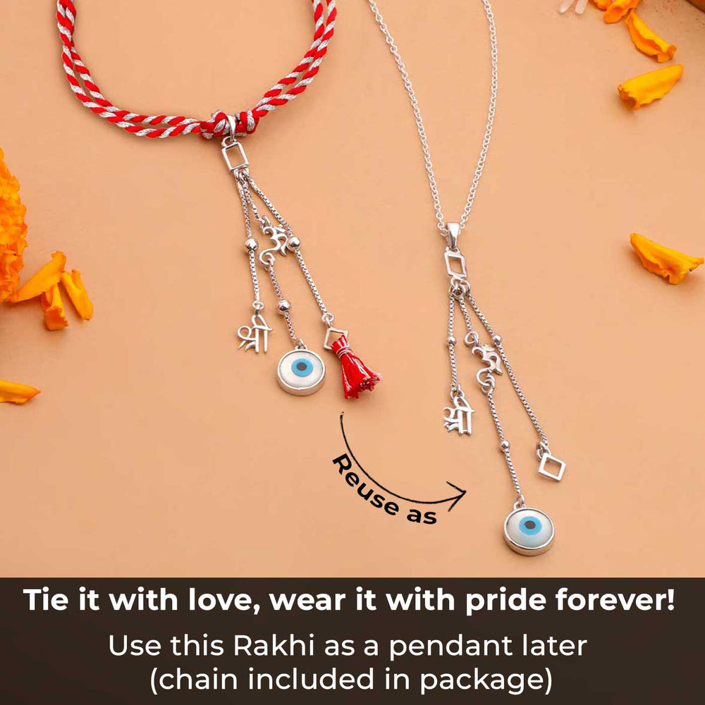 Handmade Evil Eye Design Silver Lumba Rakhi For Bhabhi - Reuse Use Demonstration