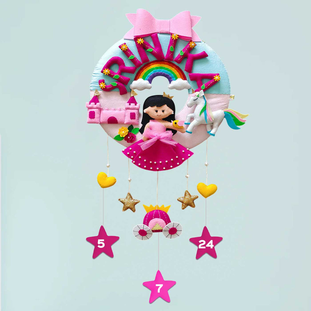 Hand Stitched Princess Theme Felt Wall Hanging For Girls - Hanging Front View Showing Details