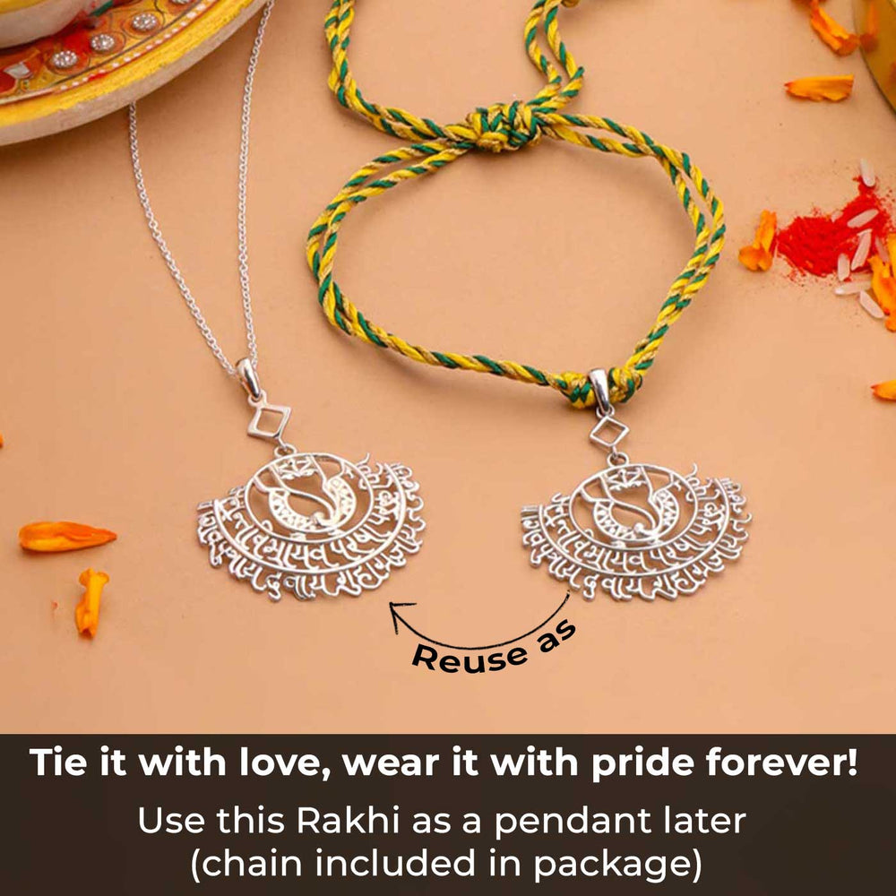 Handmade Ganesha Theme Religious Silver Lumba Rakhi For Bhabhi - Usage Suggestion with Text Overlay