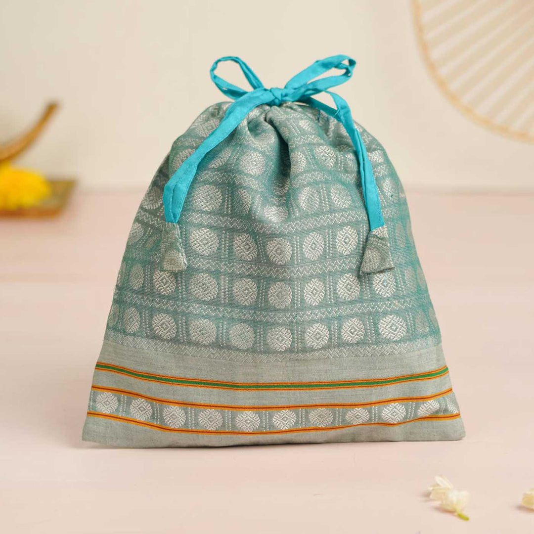 Handmade Blue Khunn Fabric Cotton Thamboolam Potli