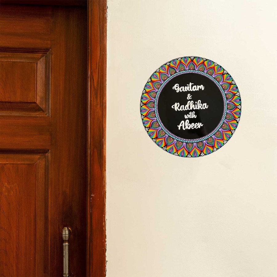 Personalized Handmade Circular Rainbow Dot Mandala Mdf Wood Name Plate - Mounted on Wall Near Door