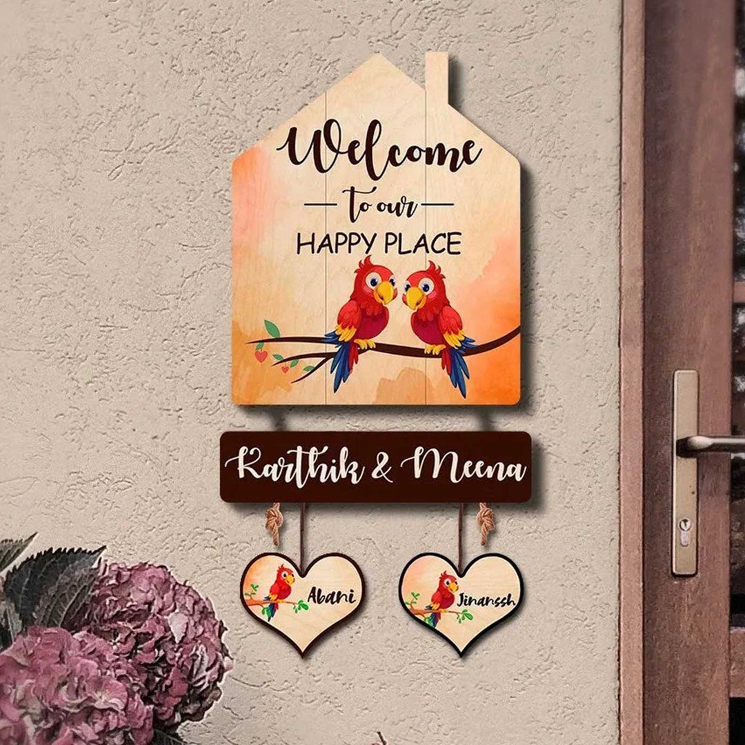 Printed Wooden House Shaped Parrot Nameplate For Couples - Mounted on Entryway Wall