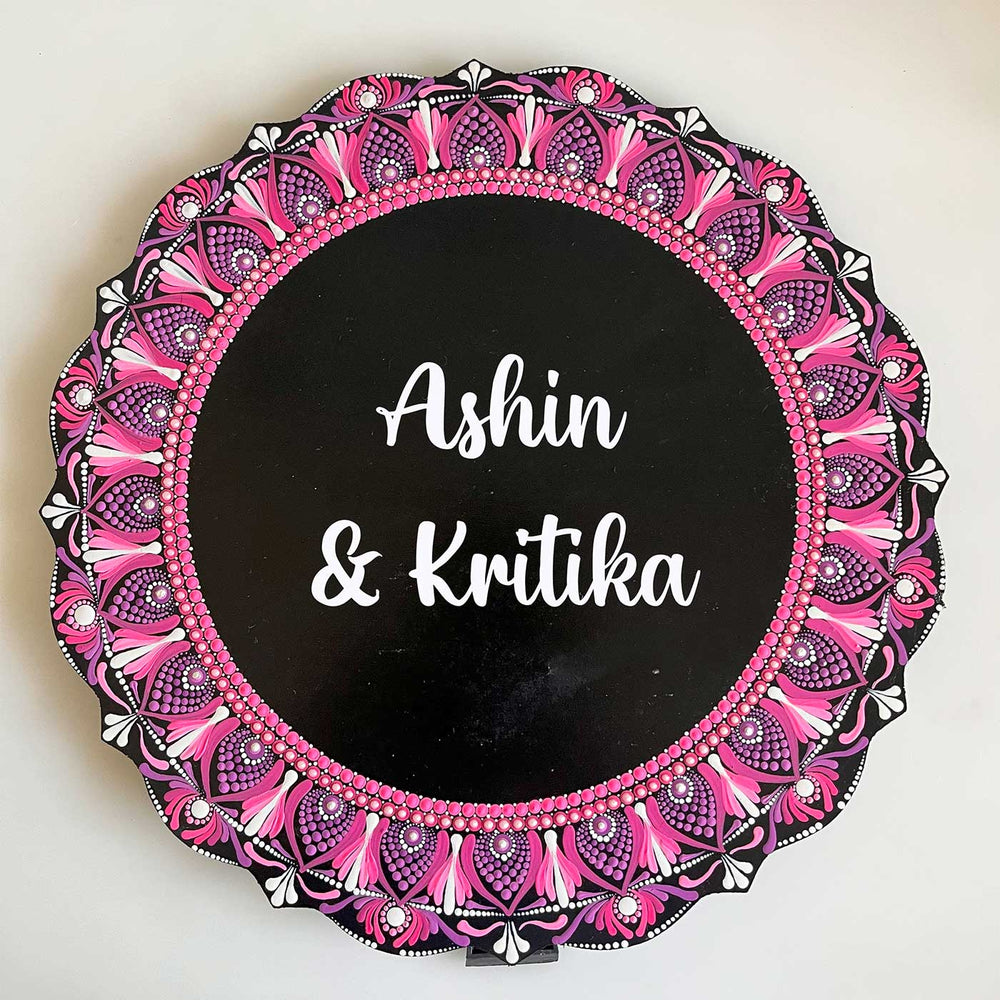 Personalized Handmade Circular Dot Art Mdf Wood Name Plate - Top View Showing Name Personalization