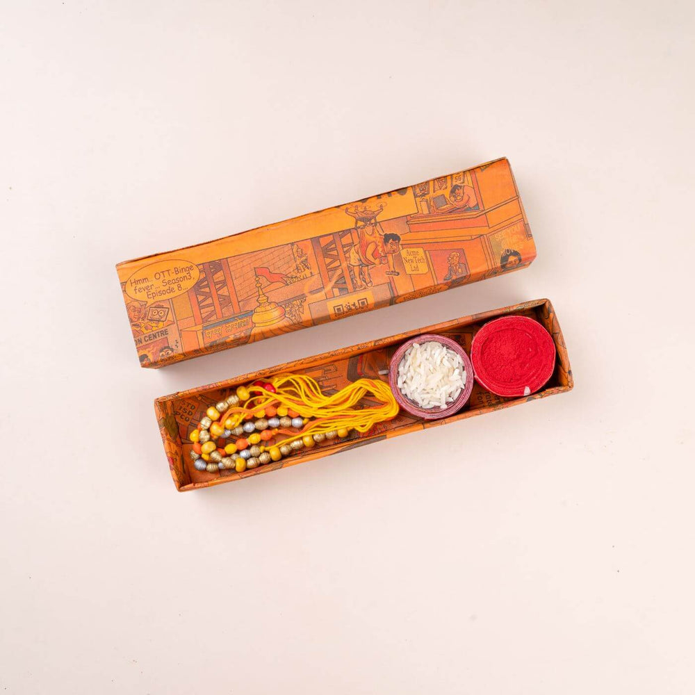 Handcrafted Paper Beads Rakhi Hamper With Rice Roli 3 - Box with contents open