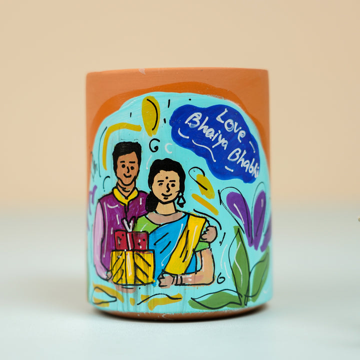 Personalized Hand-Painted Bhaiya Bhabhi Theme Terracotta Mug