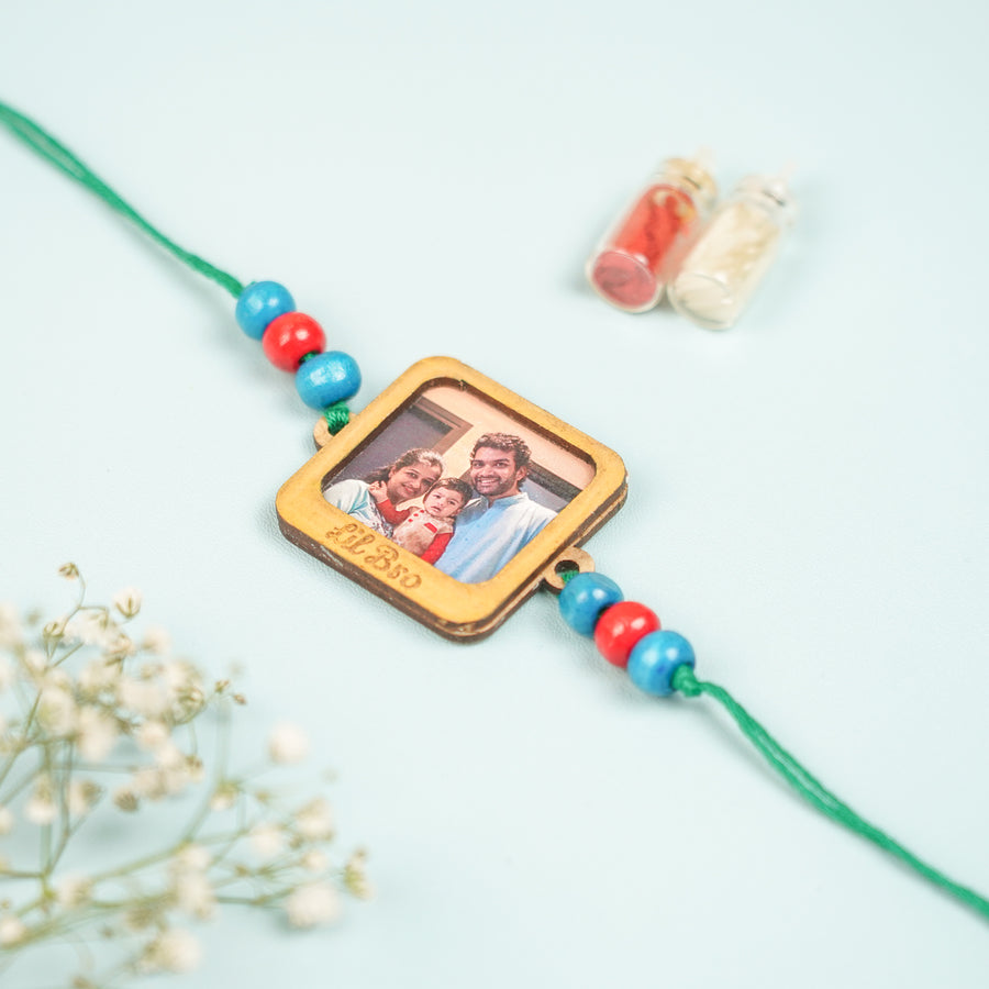 Photo Personalized Printed My First Mdf Wood Rakhi - Flat Lay with Decorative Items
