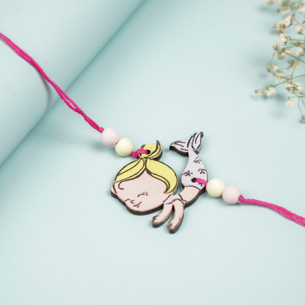 Hand Painted Mermaid Design Mdf Wood Kids Rakhi - Flat Lay Display View