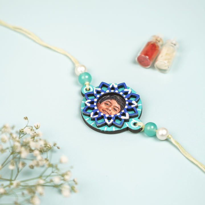 Photo Personalized Hand Painted Layered Mandala Design Mdf Wood Rakhi - Close-up Front View with Decorative Items