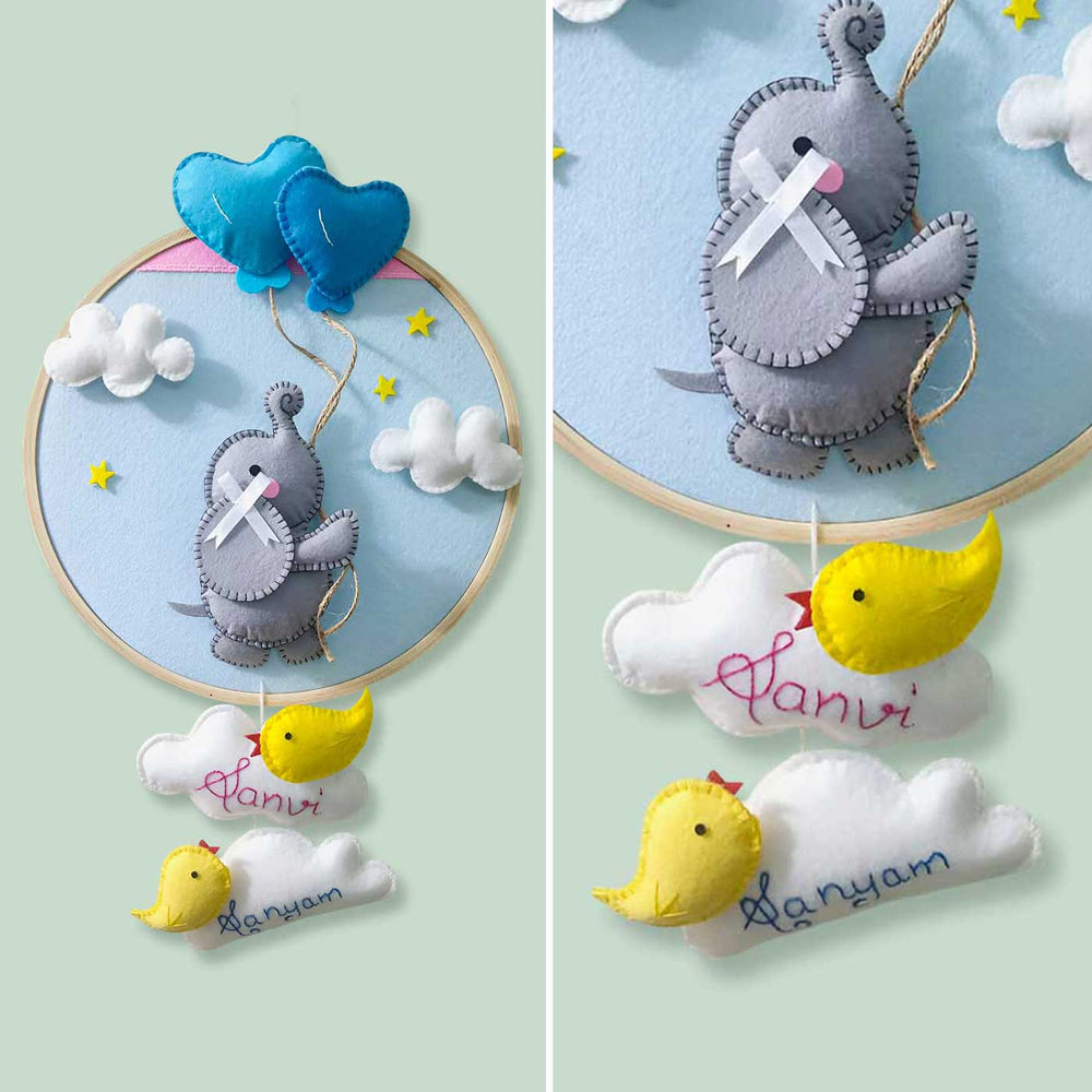Personalized Elephant Theme Felt Hoop Name Plate For Siblings - Front View with Name Personalization