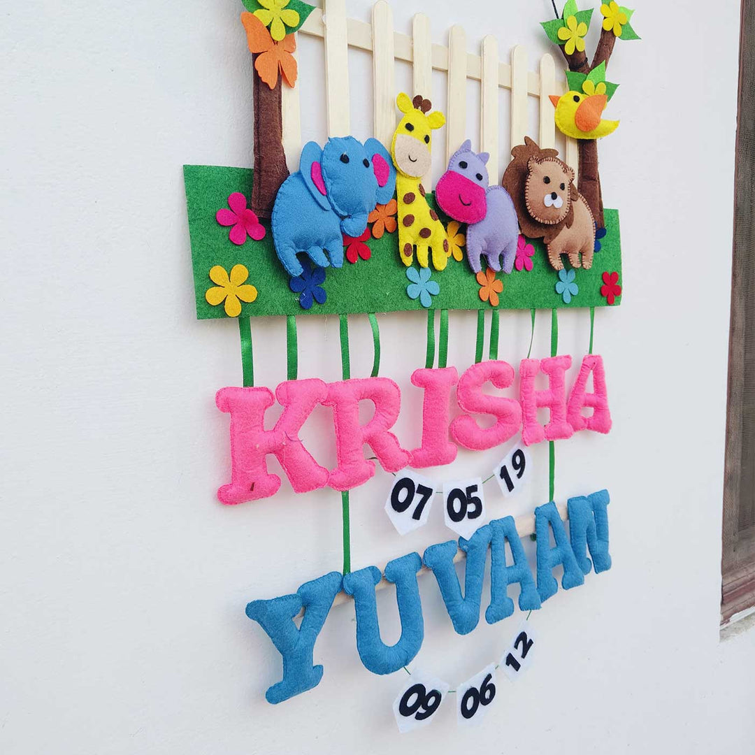 Personalized Blue & Pink Jungle Theme With Fencing Felt Kids Name Plate