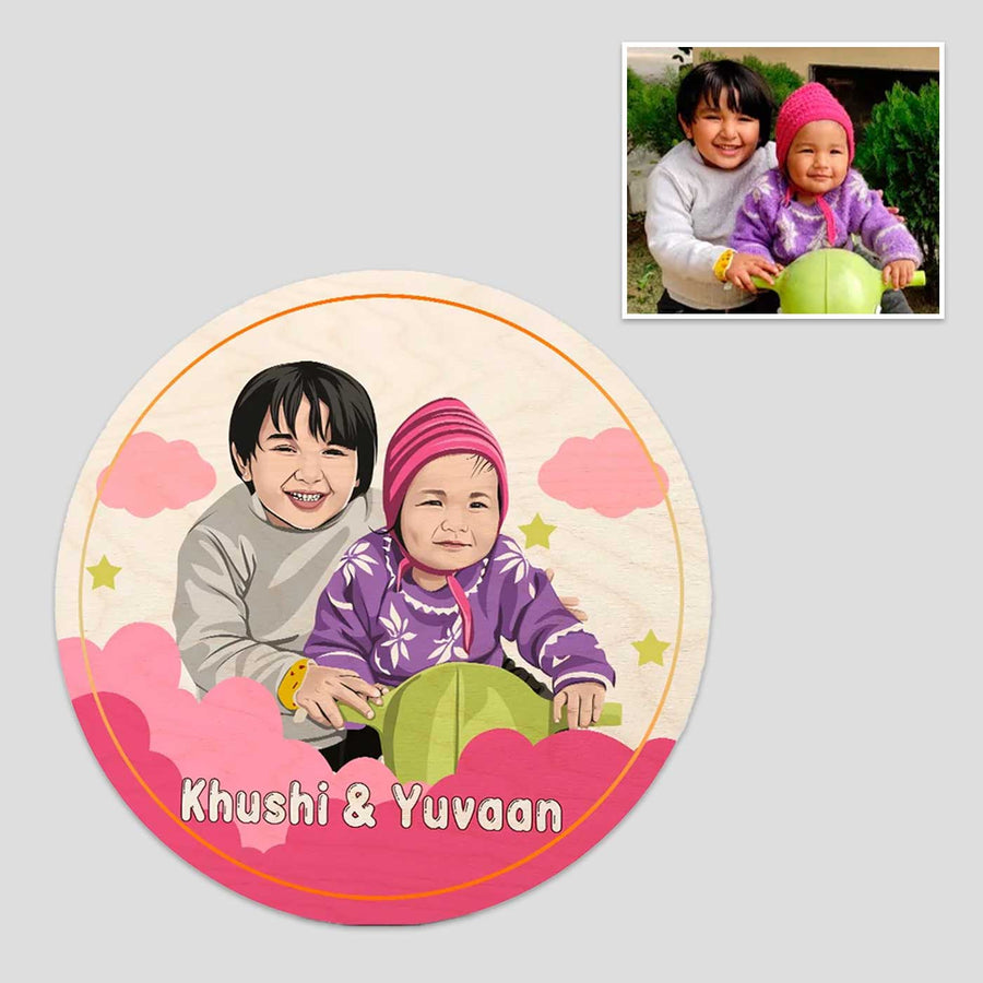 Kids Circular Characters Wooden Nameplate For Siblings - Name Personalization Example with Photo