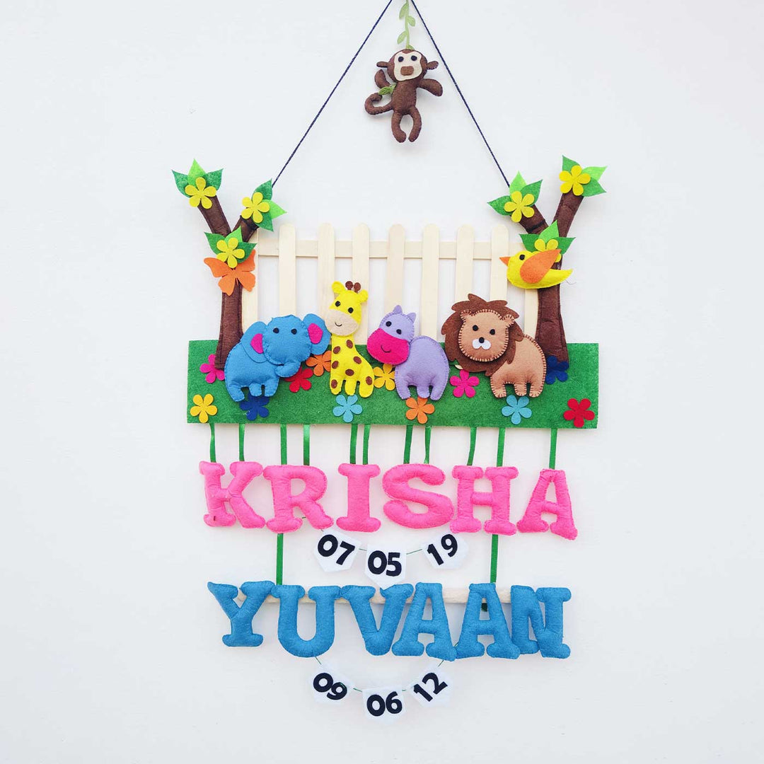Personalized Blue & Pink Jungle Theme With Fencing Felt Kids Name Plate