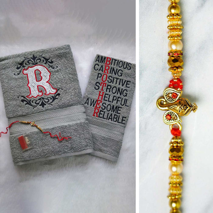 Personalized Embroidered Light Grey Cotton Towel Rakhi Hamper With Roli Chawal For Brother | Includes 1 Hand Towel, 1 Bath Towel & 1 Rakhi