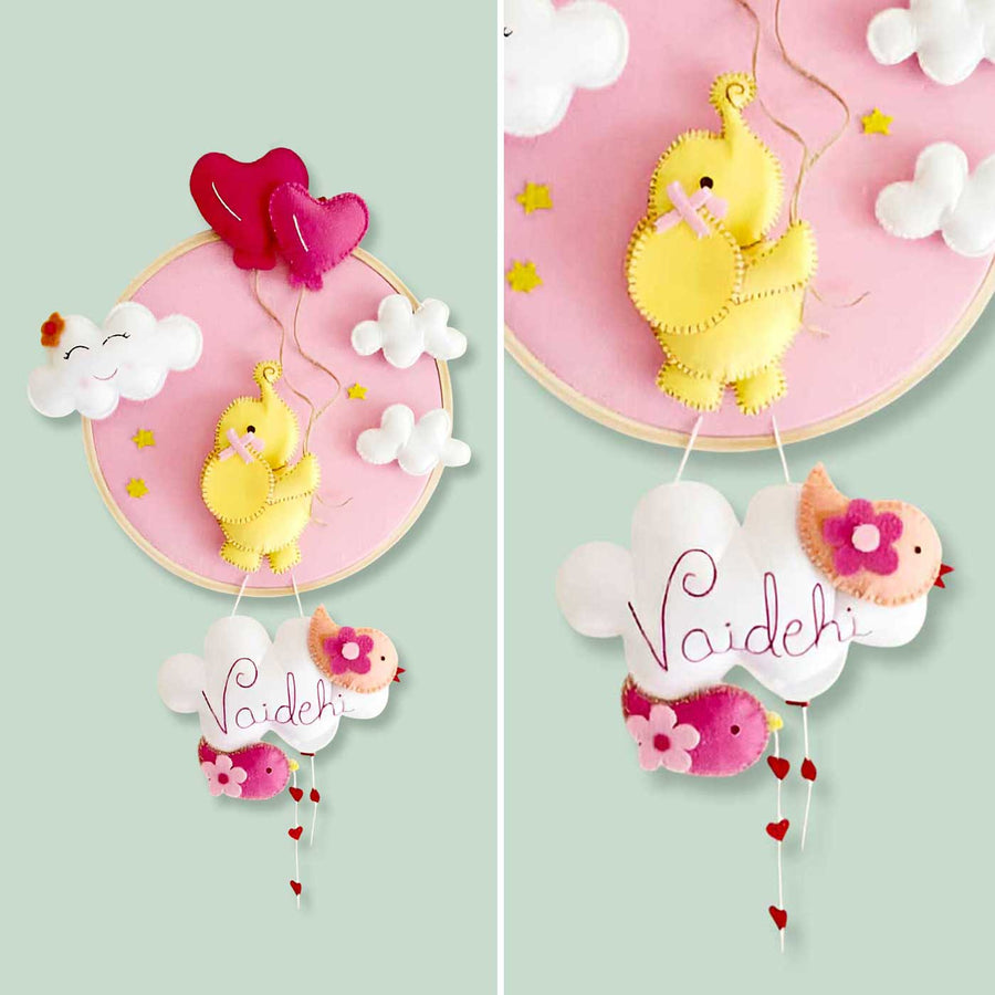 Personalized Yellow Elephant Theme Felt Hoop Name Plate - Front View and Personalized Name Close-up