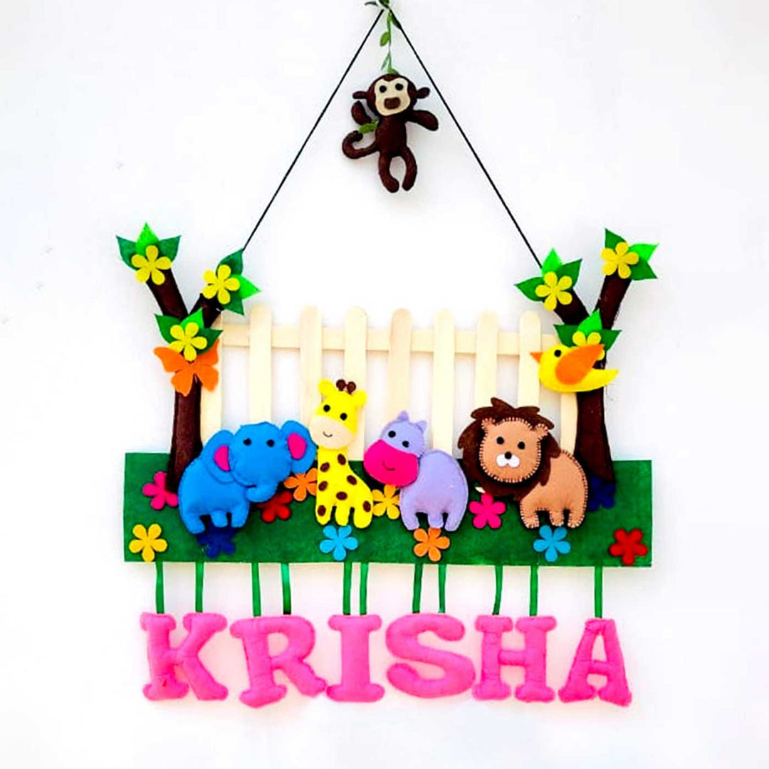 Personalized Blue & Pink Jungle Theme With Fencing Felt Kids Name Plate