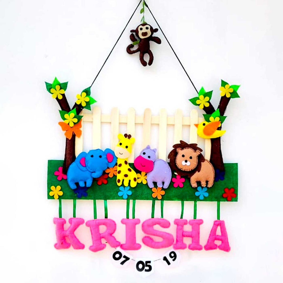 Personalized Blue & Pink Jungle Theme With Fencing Felt Kids Name Plate
