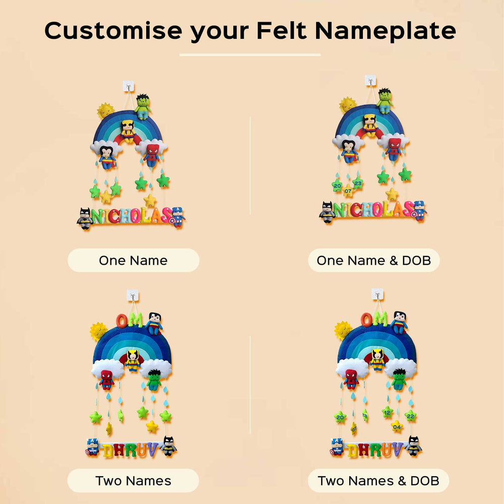 Personalized Blue Super Hero Theme Felt Kids Name Plate - Name Personalization Examples with Variations