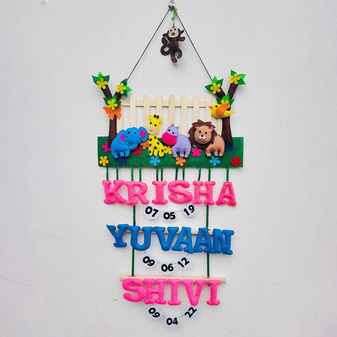 Personalized Blue & Pink Jungle Theme With Fencing Felt Kids Name Plate