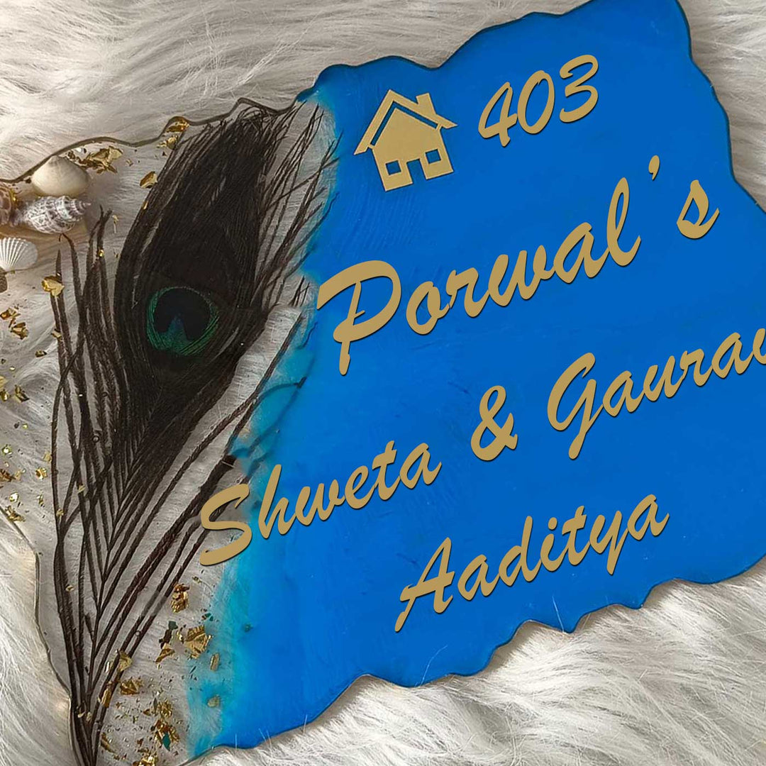 Personalized Peacock Feather & Shells Theme Resin Name Plate
