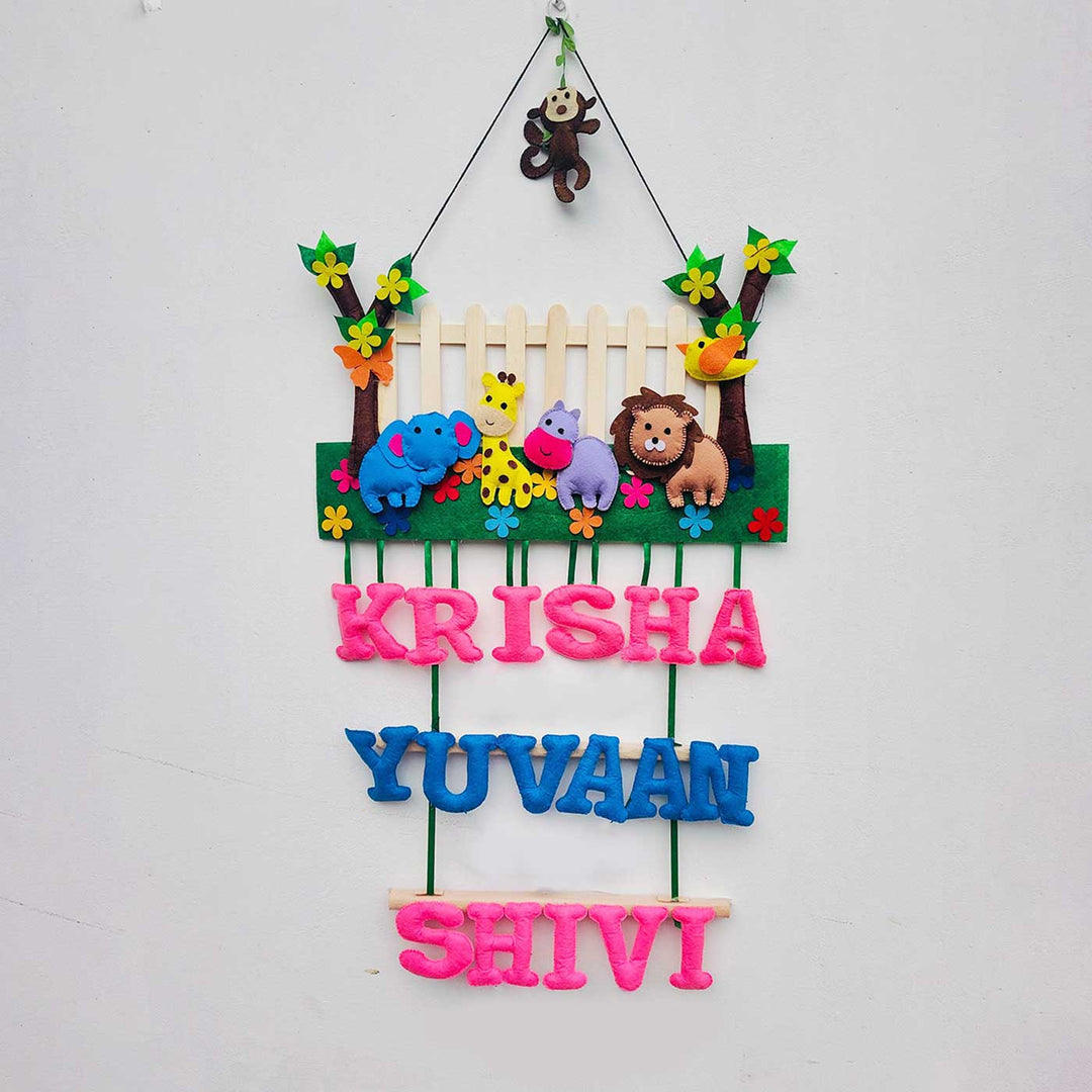 Personalized Blue & Pink Jungle Theme With Fencing Felt Kids Name Plate
