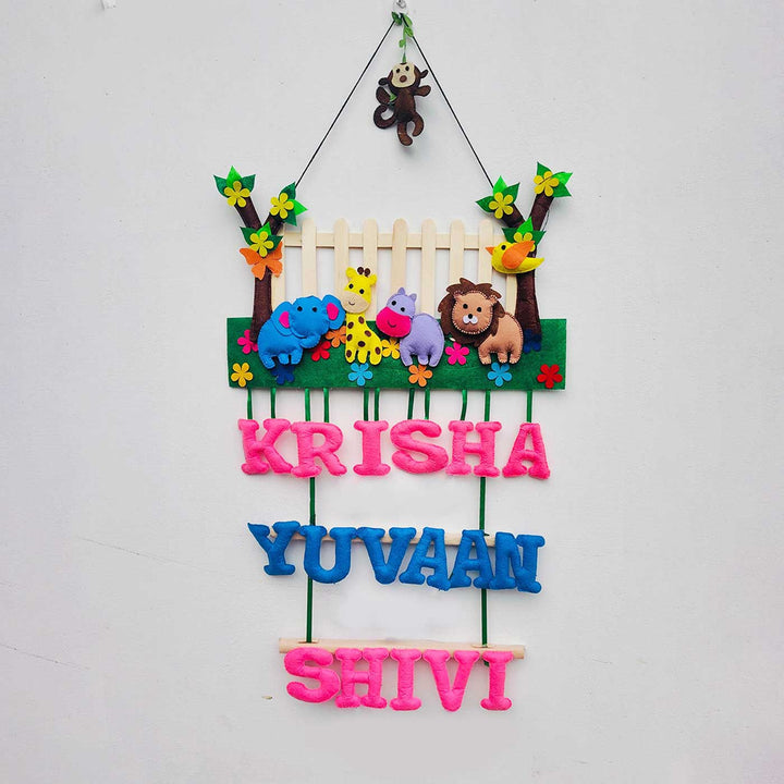 Personalized Blue & Pink Jungle Theme With Fencing Felt Kids Name Plate