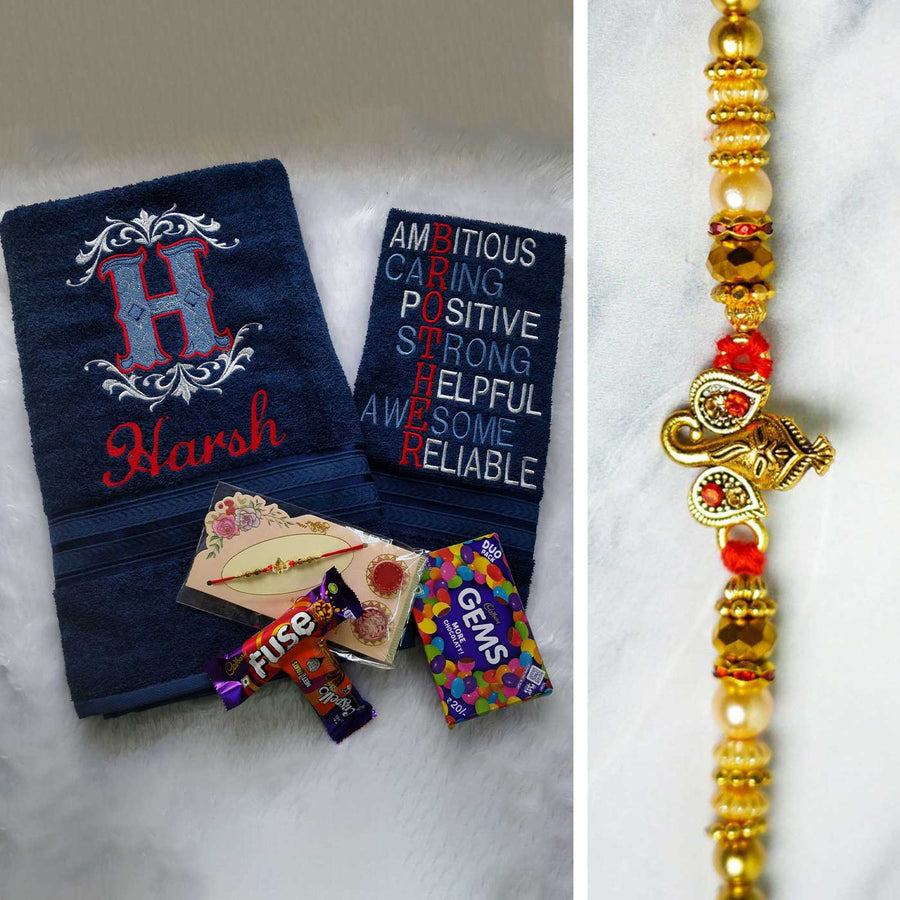 Personalized Embroidered Blue Cotton Towel Rakhi Hamper With Chocolates And Roli Chawal For Brother - Personalized Towel and Rakhi Set
