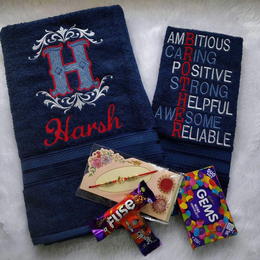 Personalized Embroidered Blue Cotton Towel Rakhi Hamper With Chocolates And Roli Chawal For Brother - Personalized Towel and Rakhi Set Close-up