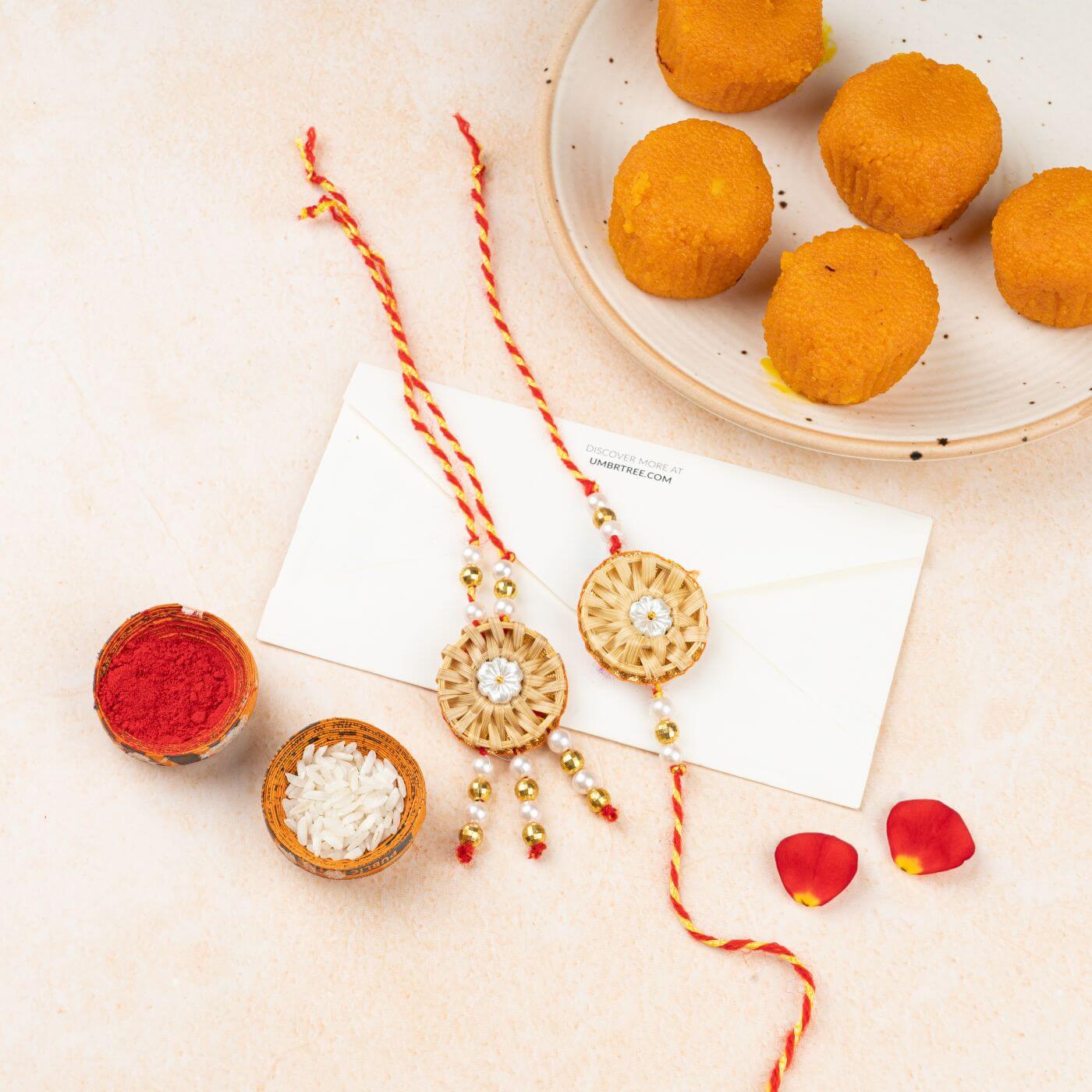 Buy Ecofriendly Bamboo Rakhis for Bhaiya-Bhabhi With Roli Chawal | Set